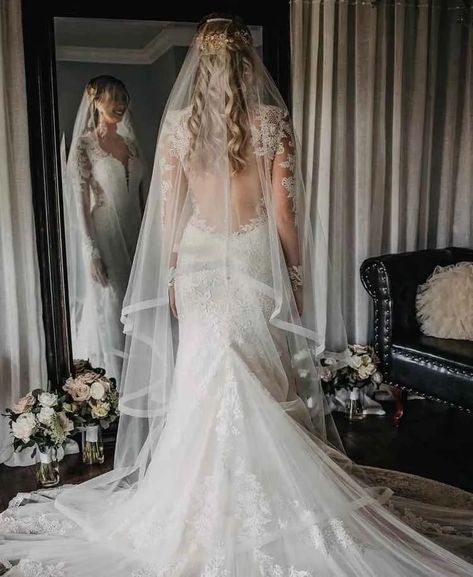 Long Cathedral Veil Brides, Wedding Hair Curly With Veil, Wedding Hairstyles With Mantilla Veil, Long Wavy Wedding Hair With Veil, Double Veil Hairstyles, Best Wedding Hairstyles For Long Hair With Veil, Wedding Hair For Low Back Dress With Veil, Wedding Hairstyles For Medium Hair With Veil, Long Hair With Wedding Veil