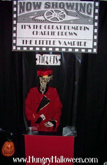 Catacomb Cinemas including Zombie Ticket Takers Haunted Movie Theater Decorations, Haunted Movie Theater, Halloween Movie Night Ideas, Baby Bee Costume, Origami Halloween Decorations, Halloween Movie Night Party, Haunted Hollywood, Kid Friendly Halloween Decorations, Haunted Movie