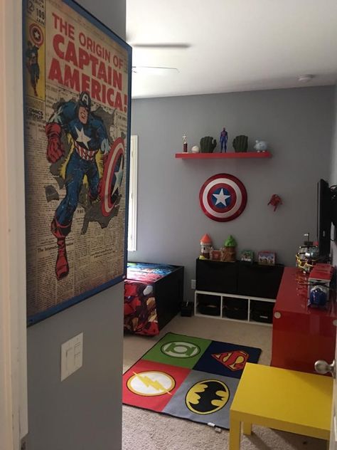 Grey for the 3 walls Boys Superhero Bedroom, Marvel Nursery, Avengers Bedroom, Marvel Bedroom, Avengers Room, Marvel Room, Superhero Bedroom, Big Boy Bedrooms, Superhero Room