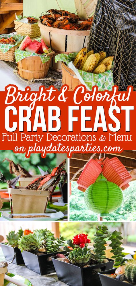 Seafood Party Ideas, Colorful Party Ideas, Crab Feast Party, Crab Boil Party, Seafood Dinner Party, Crab Party, Seafood Art, Seafood Boil Party, Seafood Party