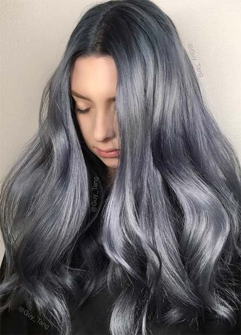 Blue Denim Hair Colors: Stonewashed Jean Magic #denimhair #bluehair Silver Blue Hair, Blue Hair Dye, Denim Hair, Dyed Hair Blue, Ombre Blond, Ash Hair Color, Guy Tang, Silver Hair Color, Silver Grey Hair