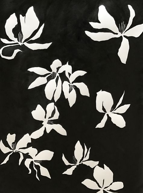 Tulip magnolia India ink by Susan Hable Floral Illustrations Black And White, Tulip Linocut, Magnolia Aesthetic, Magnolia Illustration, Tulip Graphic, Tulip Silhouette, Flower On Black Background, Black And White Flower Pattern, Outline Flower