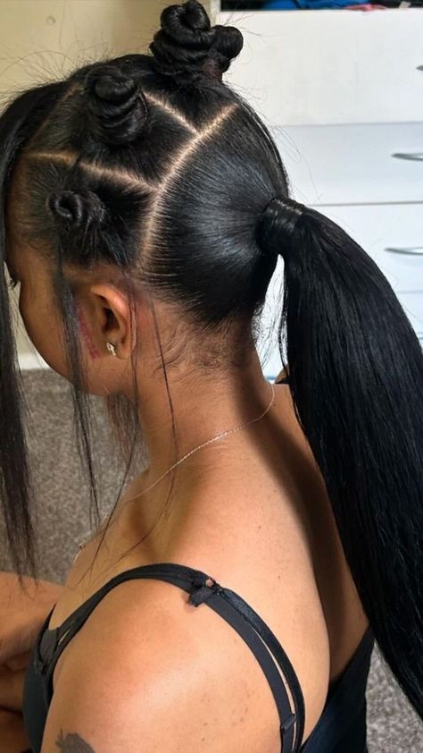 22 Gorgeous Bantu Knot Styles to Try Braided Mohawk Ponytail, Band To Knots Hairstyle, Bento Knots Hair, Bantu Knots With Ponytail And Bangs, Double Ponytail Hairstyles Black Women, Hairstyles Two Ponytails, Bantu Knots With Ponytail, Ponytail With Two Braids, Ponytail Mohawk