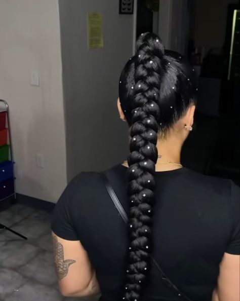 Ponytail Braid With Rhinestones, Braided Ponytail Rhinestones, Braided Ponytail Hairstyles With Jewels, Barbie Ponytail With Pearls, Slick Back High Braided Ponytail, Rhinestone Ponytail Braid, Braided Ponytail With Accessories, Pearls In Hair Ponytail, Beyonce Concert Hairstyles