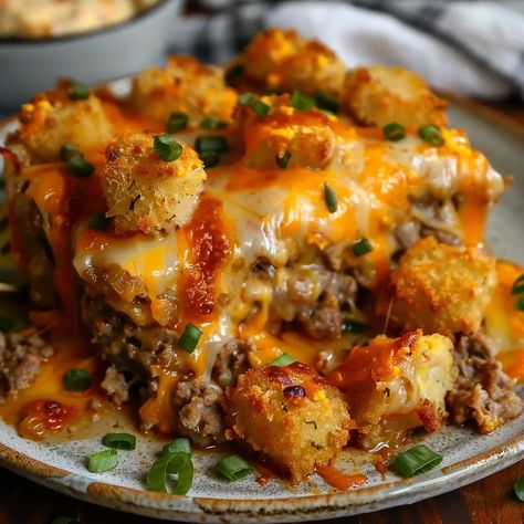 Cheesy Tater Tot Meatloaf Casserole Recipe - sandyrecipes.com Cheesey Meatloaf, Tater Tot Casserole With Ground Beef, Tater Tot Meatloaf, Family Dinners Easy, Tator Tot Recipe, Make With Ground Beef, Cheesy Tater Tots, Cheeseburger Tater Tot Casserole, Cheeseburger Meatloaf