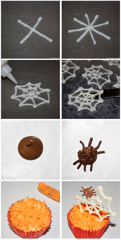 Spider Web Cupcakes- Step By Step Instructions With Pictures Chocolate Spider Web, Spider Web Cupcakes, Spider Web Cake, Cupcakes For Halloween, Fall Decorated Cookies, Chocolate Spiders, Spider Spiderman, Spiderman Cupcakes, Halloween Treats To Make