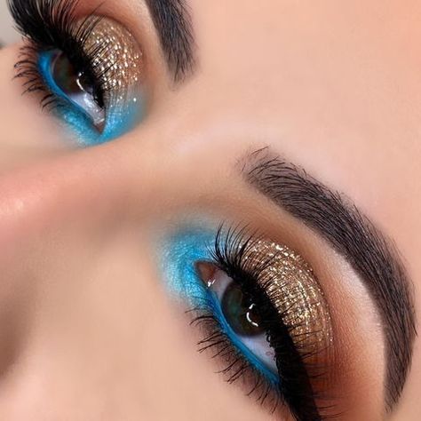 Blue And Gold Eye Makeup, Eye Inspiration, Gold Glitter Makeup, Blue Eyeshadow Makeup, Golden Eye Makeup, Golden Makeup, Gold Makeup Looks, Gold Eye Makeup, Prom Eye Makeup