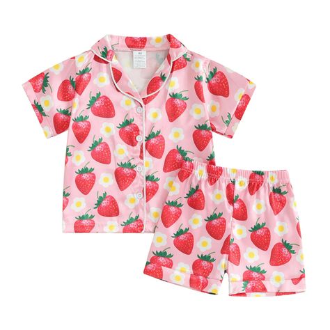 PRICES MAY VARY. 🍓 SOFT MATERIAL:Baby girls pajama set short sleeve toddler girl sleepwear outfit,is made of made of 65% cotton, 35% polyester with some comfort touch, very softly and comfy.toddler girl summer pajamas outfit,lightweight and skin-friendly material care for girls. 🍓 Cute DESIGN:Baby girl strawberry pajamas,comes with features short sleeves, turn down collar,strawberry print, button-down design. The elastic waist of the shorts ensures a snug fit,toddler kids girl pajamas set,summ Girl Pajamas, Summer Pajama Set, Summer Sleepwear, Toddler Girl Summer, Toddler Girl Shorts, Toddler Pajamas, Silk Sleepwear, Summer Pajamas