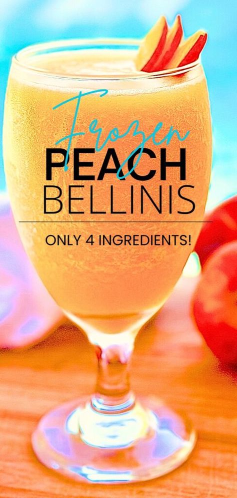 Easy Frozen Peach Bellinis Bellini Recipe Easy, Frozen Peach Cocktail, Bellini Cocktail Recipes, Peach Bellini Recipe, Peach Bellini Cocktail, Frozen Peach Bellini, Bellini Cocktail, Alcoholic Punch Recipes, Bellini Recipe