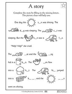 Can you complete the story? In this early reading worksheet, your child uses pictures as clues to fill in the missing letters to complete the story. Story Worksheet, Aktiviti Prasekolah, Picture Clues, Kindergarten Reading Worksheets, Preschool Reading, Verb Worksheets, English Worksheets For Kids, Jolly Phonics, First Grade Reading