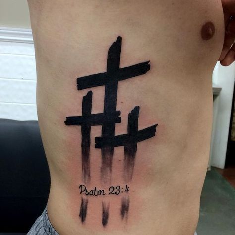 Three Crosses Tattoo Women, The Three Crosses Tattoo, Tattoo Designs Men Ribs, Three Cross Tattoos For Men, Three Crosses Tattoo Forearm, Cross Rib Tattoo Men, Men’s Cross Tattoo Ideas, Rib Tattoo Ideas For Men, Three Crosses Tattoo For Men