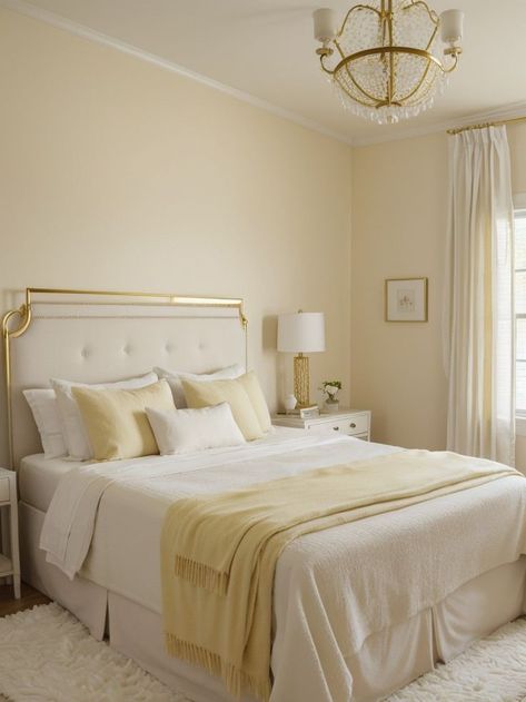 Create a soothing atmosphere with a pastel yellow accent wall, paired with a crisp white bed frame and a soft, fluffy rug. Add a touch of elegance with gold curtain rods and delicate wall sconces for a dreamy bedroom oasis. Pastel Yellow Bedroom, Yellow Accent Wall, Yellow Bedroom Walls, Yellow Room Decor, Gold Curtain Rods, Yellow Accent Walls, Pastel Bedroom, White Bed Frame, Bedroom Oasis