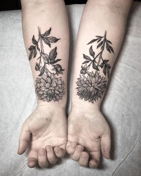 Dahlia Wrist Tattoo, Dalia Flower Tattoo Black, Black Dahlia Tattoo, Black And Grey Floral Wrist Tattoo, Black And Grey Wildflower Tattoo, Heavy Black Floral Tattoo, Wild Flower Tattoo Black And White, Black And Gray Wildflower Tattoo, Blackwork Floral