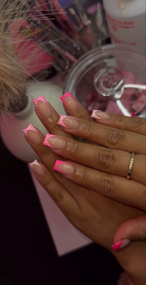 Short French Tip Acrylic Nails Colorful, Short Nails Ideas Valentines, Nails With Pink Design, Xxs Nails, Mitch Match Nails, Nails Acrylic French Tip Color, Short Acrylic Nails Designs Pink, Dope Nail Designs Short Length, Pink Nails Classy