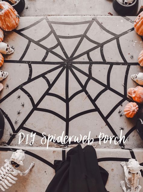 diy spiderweb made with flooring tape on porch floor Halloween Floor Decorations, Diy Spiderweb Decoration Outdoor, Diy Spiderweb, Diy Path, Floor Tape, Daycare Teacher, Halloween Porch, Vinyl Floor, Gym Flooring