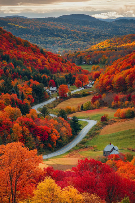 A scenic view of a winding road through a valley in New England, surrounded by vibrant fall foliage, one of the stops on the best fall foliage tours. Quaint houses dot the landscape, with rolling hills and forests in the background, creating a picturesque autumn scene. New England Small Town, Fall In New England Aesthetic, New England Fall Foliage Autumn Leaves, Autumn In America, Fall Foliage Trips New England, Fall In The Northeast, Boston Fall Foliage, Best Fall Road Trips, Best Places To Go In The Fall