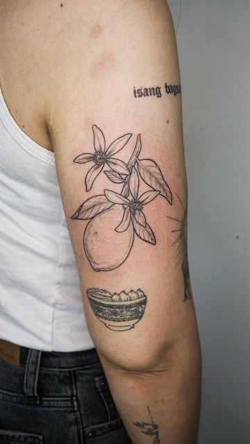 Lemon Blossom Tattoo, Simple Lemon Tattoo, Lemon Flower Tattoo, Lemon Tattoo Black And White, Lemons Tattoo, Lemon Tree Tattoo, Citrus Tattoo, Body Doodles, Lemon Tattoo