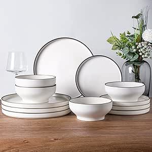 LERATIO Ceramic Dinnerware Sets of 4, High Edge Stoneware Plates and Bowls Set, Chip and Crack Resistant | Oven & Dishwasher & Microwave Safe Dishes Set, Service for 4 - Matte Black Rim (12 PCS) White Place Setting, Plate Setting, Crockery Set, Stoneware Plates, Plates And Bowls Set, Ceramic Dinnerware Set, Kitchen Ware, Stoneware Dinnerware, Ceramic Dinnerware