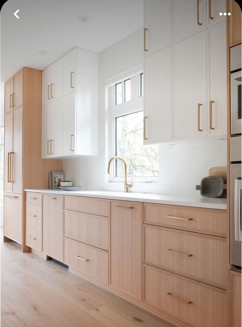 Long Kitchen Design Ideas, Flat White Oak Kitchen Cabinets, Slim Shaker Cabinets Kitchen White, Slim Shaker White Kitchen, White Oak Flat Front Cabinets, One Wall Kitchen With Window, Flat Panel White Kitchen Cabinets, Slim Shaker Kitchen Cabinet, Wall Cabinet Design Storage Ideas