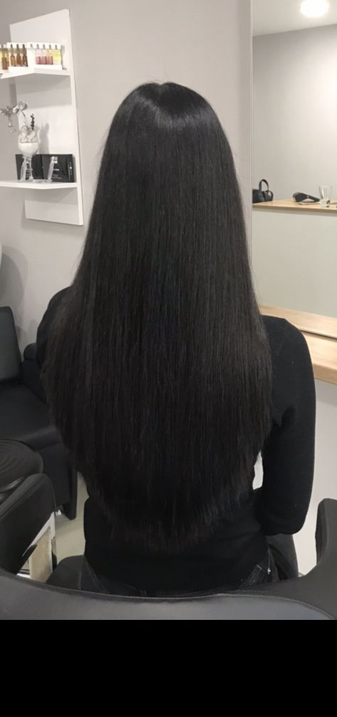 Black Medium Long Hair, Black Long Extensions, Grown Out Black Hair, Straight Black Hair Aesthetic, Jet Black Hair With Layers, Long Black Hair Hairstyles, Jet Black Long Hair, V Haircut For Long Hair, Jet Black Straight Hair