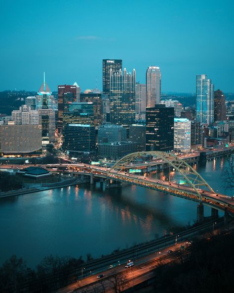 Blue hour view from Mount Washington, Pittsburgh, Pennsylvania Pittsburgh Aesthetic, Mount Washington Pittsburgh, Pittsburgh City, Mount Washington, Happy Valley, Hotel Motel, Pittsburgh Pennsylvania, Posters Framed, Blue Hour