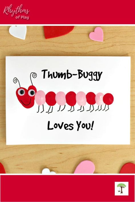 Fingerprint love bug card craft for Valentine's Day, Mother's day, Father's Day, Grandparent's Day, Teacher Appreciation Day, a paper or wood wedding anniversary gift and other special occasions and important events. Make "Thumb-Buggy" homemade thumbprint heart love bug cards and use our message ideas to personalize them! Lovebug crafts are not just for kids, make DIY love bug fingerprint arts, crafts and DIY projects for someone special today! Teacher Appreciation Crafts, Thumbprint Heart, Activities To Do With Toddlers, Preschool Valentine Crafts, Toddler Valentine Crafts, Easy Valentine Crafts, Diy Valentines Cards, Bug Crafts, Toddler Arts And Crafts