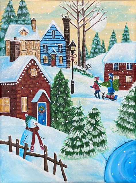 Christmas Town Painting, Christmas House Painting, Christmas Scenery Drawing, Christmas Village Painting, Paper Crafts Printable, Easy Scenery, Easy Scenery Drawing, Village Drawing, Crafts Printable