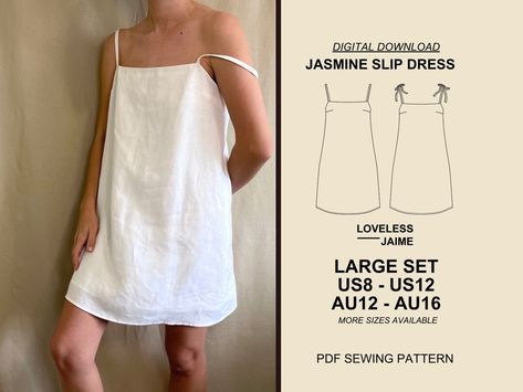 Jasmine Linen Dress Digital Sewing Pattern Large Set: Sizes - Etsy Slip Dress Sewing Pattern, Dress Minimalist, Slip Dresses, Dress Sewing Pattern, Dress Sewing, Brocade Fabric, Rolled Hem, Square Necklines, Knitting Inspiration