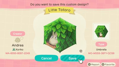 Totoro Acnh Code, Funny Acnh Island Tunes, Animal Crossing Design Codes Umbrella, Pokemon Acnh Codes, Acnh Ghibli Island, Acnh Pokemon Design Codes, Acnh Ghibli Design, Animal Crossing Totoro, Animal Crossing Shoes