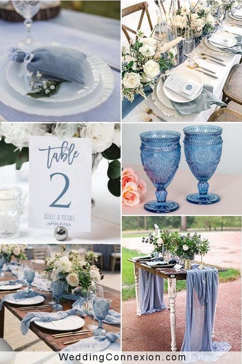 Dusty Blue Brown Wedding, Dusty Blue Tablescape Wedding, Wedding Reception Dusty Blue, Placid Blue Wedding, Dusty Blue Tablescape, Dusty Blue Wedding Reception Decor, Dusty Blue Table Setting Wedding, French Country Wedding Theme, French Blue Wedding Theme