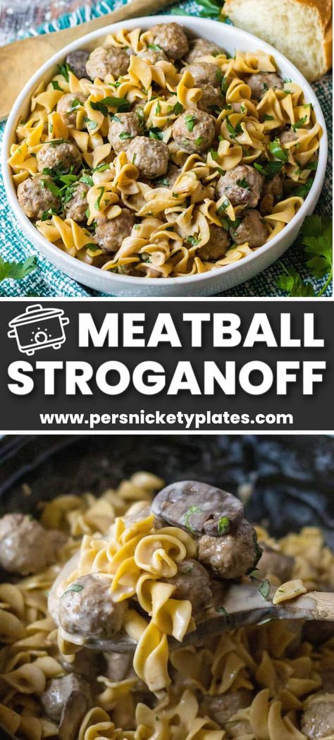 This easy slow cooker meatball stroganoff combines tender meatballs, cream of mushroom soup, sour cream, and a few other simple ingredients in a rich, creamy sauce served over egg noodles for all the classic flavors we love. Comfort food made easy in the crockpot! Meatballs Cream Of Mushroom Soup, Noodles In The Crockpot, Crock Pot Stroganoff, Crockpot Meatball, Easy Slow Cooker Meatballs, Substitute Ingredients, Persnickety Plates, Meatball Stroganoff, Tender Meatballs