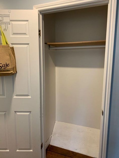 Since recently updating our entryway I thought it was time to also update our entryway coat closet. This project definitely made our small closet more functional without spending any additional money as we used all items we had on hand! This is the before picture. As you can see there is not a lot of storage area for shoes, etc. Time to add some DIY shelving with reclaimed wood we had on hand. Add Bracing First step we did was measure the areA we wanted to add a bottom shelf to.… Diy Entryway Closet, Entryway Closet Ideas, Small Coat Closet Ideas, Entryway Coat Closet, Small Entryway Closet, Small Entry Closet, Entry Closet Makeover, Entryway Closet Makeover, Entry Closet Organization