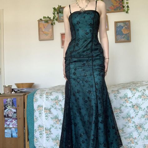 90s Semi Formal Dresses, Thrifted Prom Dress Retro Vintage, Blue 90s Prom Dress, 90s Prom Aesthetic, Indie Prom Dress, 90’s Prom Dresses, Floral Prom Dress Vintage, Prom Dress Grunge, 90s Prom Dress Grunge