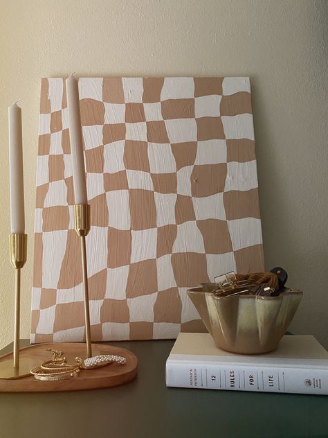 neutral checkerboard painting canvas neutral aesthetic Aztec home dupe psychedelic art vintage bowl brass candle holder style desk Plaid Canvas Painting, Neutral Canvas Painting Diy, Square Canvas Acrylic Painting, Canvas Painting Trendy, Checkerboard Painting Ideas, Checkered Painting Ideas Canvas, Trendy Canvas Painting Ideas, Checkered Canvas Painting, Diy Home Paintings Canvas