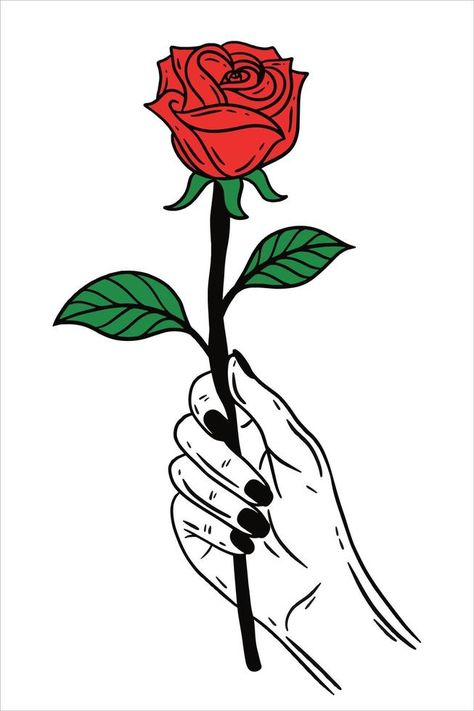 Women Hand Holding Rose Flower Gesture Flat line Art illustration Hand Holding Something, Rose Symbol, Hand Holding Rose, Rose In Hand, Rose Reference, Hands Holding Flowers, Cute Owls Wallpaper, Drawing Room Interior Design, Giving Flowers