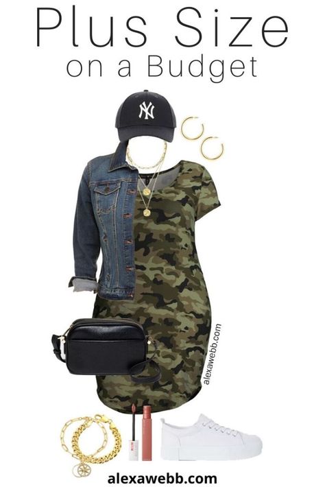 Plus Size on a Budget  Camo Dress Outfit Camo Dress Outfit Casual, Camo Dress Outfit, Plus Size On A Budget, Dress Denim Jacket, Streetstyle Summer, Dress And Sneakers Outfit, Alexa Webb, Crossbody Camera Bag, Jacket Baseball