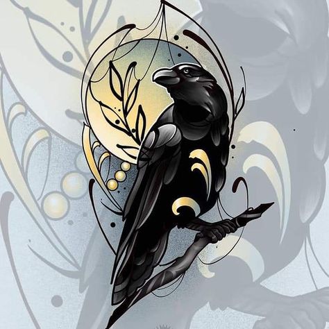 Neo Traditional Art, Rabe Tattoo, Crow Tattoo Design, Neo Tattoo, Tier Tattoo, Crow Painting, Crow Tattoo, Raven Tattoo, Sketch Tattoo