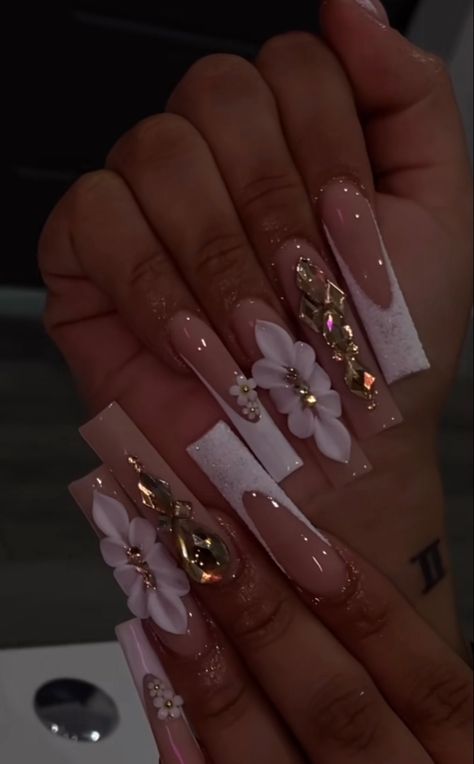 Xv Nails White, 3s Flower Nails, Black Nails With 3d Flowers, Long Acrylic Nails Coffin 3d Flowers, Latina Acrylic Nails Short, Long Acrylic Nails 3d Flower French Tip, Baddie Nails Acrylic 3d Flowers, Acrylic Nails With Butterfly Charm, Nails Art Simple