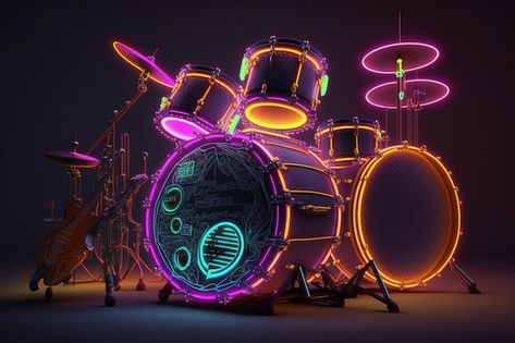 Drum set with neon glowing image ai gene... | Premium Photo #Freepik #photo #club-background #neon-music #neon-stage #neon-room Neon Music Studio, Rock Stage Design, Drum Notes, Club Background, Neon Music, Music Neon, Coke Studio, Background Neon, Rock Fest