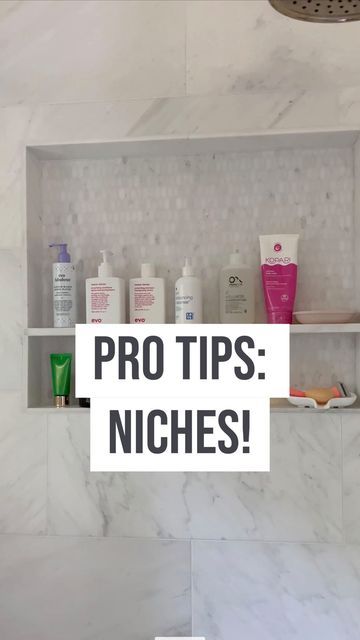 Amy Vermillion Interiors on Instagram: "📐PRO TIPS: Niche Edition! What size, where to locate and details on that toe niche for shaving! Design: @amyvermillioninteriors" Decorative Tile Shower Niche, Shower Niche Below Shower Head, Foot Niche For Shaving, Shower Niche For Leg Shaving, Tall Shower Niche, Shower Niche Placement With Tub, Tub Niche Placement, Shaving Niche Foot Rest, Shower Shaving Niche Foot Rest