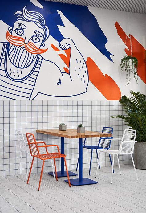 Benefit Cafe on Behance Cafe Pattern Design, Cafe Branding Design, Orange Cafe, Colorful Cafe, Colorful Restaurant, Blue Cafe, Cafe Concept, Retro Cafe, Coffee Shop Bar