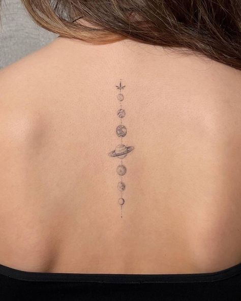 Solar System Tattoo Collar Bone, Solar System Tattoos For Women, Dainty Solar System Tattoo, Tattoo Ideas Solar System, Planet Back Tattoo Women, Tattoo Ideas Upper Back, Planets Down Spine Tattoo, Single Needle Back Tattoo, Back Planet Tattoo