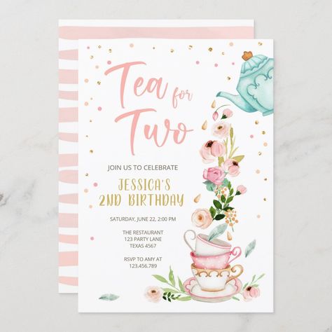 Tea For Two Birthday, Floral Tea Party, Par Tea, Two Birthday, Baby Shower Tea, Tea Party Invitations, 2nd Birthday Invitations, Tea For Two, Girl 2nd Birthday