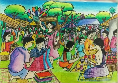 bangla mela Village Fair Drawing, Mela Drawing, Village Fair, Village Drawing, Memory Drawing, Composition Drawing, Picture Composition, Drawing Competition, Drawing Lessons For Kids