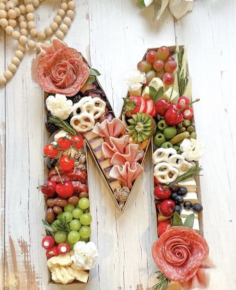 Letter M Charcuterie Board, Letter Charcuterie, Charcuterie Business, Party Food Trays, Grandmas Birthday Party, Cheese And Wine Party, 80th Birthday Decorations, Bacon Wrapped Scallops, Fruit Display