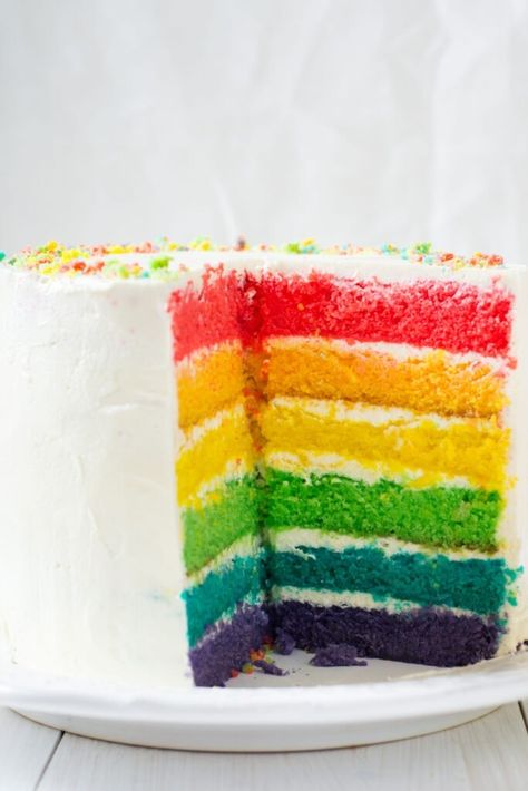 Rainbow Cake (Easy Recipe) - Insanely Good Rainbow Cake Easy, Easy Rainbow Cake Recipe, Easy Rainbow Cake, Cake Easy Recipe, Rainbow Cake Recipe, Bolo Vintage, Moist Vanilla Cake, Vanilla Cake Mixes, Cake Easy