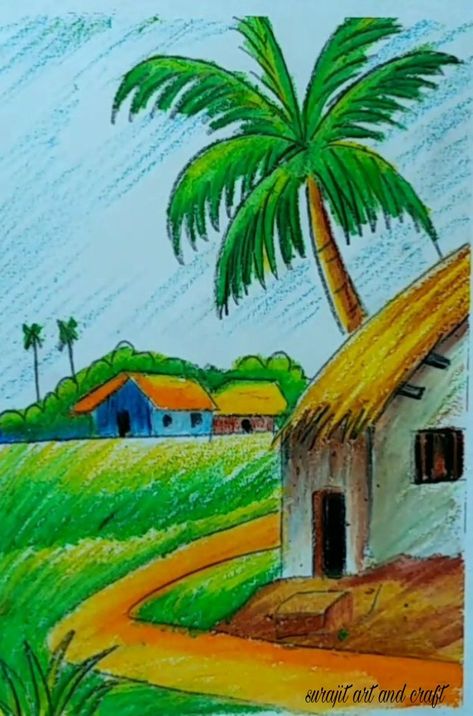 oil pastel senary drawing Landscape Painting Pencil Color, Oil Pastel Drawings Senary, Pencle Art Drawing, Senary Drawing Simple For Kids, Easy Senary Drawings, Senary Drawing Painting, Anime Scenery Drawing, Senary Painting Art, Landscape Drawing Oil Pastel