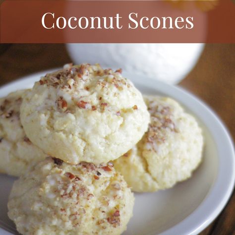 Moist coconut scones with a coconut glaze and pecans. Coconut Scones Recipe Easy, Coconut Scones Recipe, Coconut Scones, Coconut Glaze, Coconut Milk Uses, Scones Recipe Easy, Recipe Generator, Scones Recipe, Unsweetened Coconut Milk