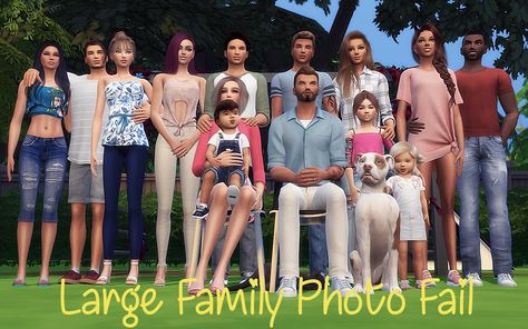 sim-plyreality: “ Large Family Photo Fail Pose Pack - 3 pose packs containing I group pose each (14 sims/1 adult cat/1 adult Lg.dog) Okay so it wasn’t a complete fail, they managed to pull it together... Sims 4 Family Of Three Poses, Sims 4 Family Vacation Poses, Sims Family, Large Family Photo, Twins Posing, Sims 4 Couple Poses, Sims Poses, Group Pose, The Sims 4 Cabelos