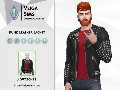 Sims 4 Leather Jacket, Punk Clothes Men, Punk Leather Jacket, Pro Heroes, Sims 4 Mods Cc, Punk Pins, Studded Leather Jacket, Studded Jacket, Sims 4 Downloads